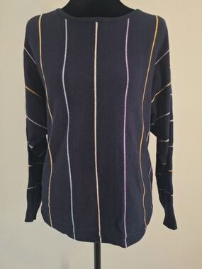Vila Milano Navy Crewneck Sweater with Multicolor Vertical Stripes